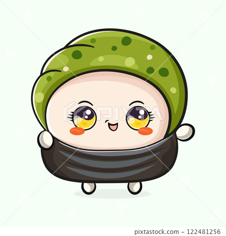Cute funny Sushi waving hand. Vector hand drawn cartoon kawaii character illustration icon. Isolated on white background. Sushi character concept 122481256