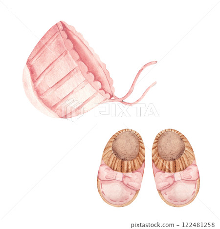 Set of Infant accessories. Baby Girl pink Cap and Booties. Hand drawn Watercolor illustration of cute Bonnet and Shoes for Newborn isolated on a white background. For invitations, Gender party, Baby Set of Infant accessories. Baby Girl pink Cap and Booties. Hand drawn Watercolor illustration of cute Bonnet and Shoes for Newborn isolated on a white background. For invitations, Gender party, Baby 122481258