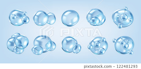 Bubbles with collagen molecules realistic color icons set 122481293