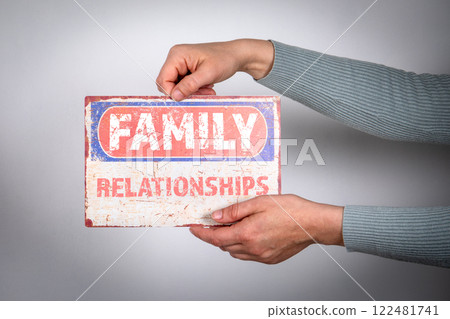 FAMILY and RELATIONSHIPS. Sign with text in woman's hands FAMILY and RELATIONSHIPS. Sign with text in woman's hands 122481741