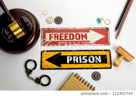 FREEDOM and PRISON. Red and yellow directional arrow with text FREEDOM and PRISON. Red and yellow directional arrow with text 122481744