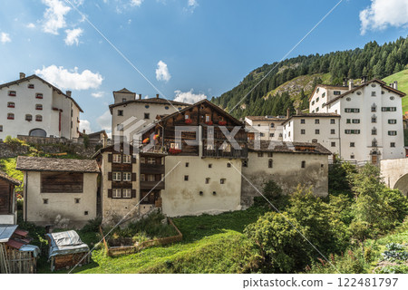 Spluegen, a typical swiss alpine village with historic buildings, Canton of Grisons, Switzerland 122481797