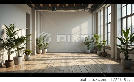 Modern Contemporary Loft Interior with Wooden Floor and Green Plants. 122481992