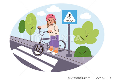 Vector illustration of girl with bike at pedestrian crossing. Cartoon child wearing helmet, traffic sign nearby. Road safety, cycling, outdoor activity, healthy lifestyle flat composition 122482003