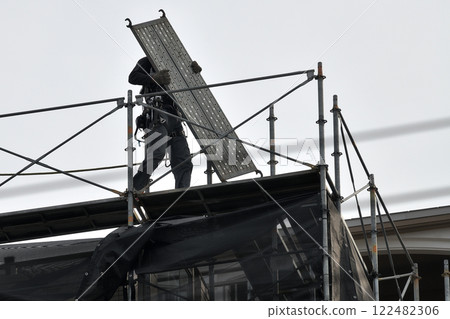 Apartment renovation work: Scaffolding workers dismantling temporary scaffolding Apartment renovation work: Scaffolding workers dismantling temporary scaffolding 122482306