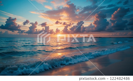 Stunning Tropical Sea Beach Sunset with Vibrant Clouds and Calm Waters. 122482486