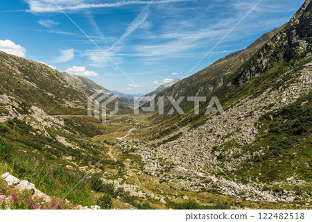 Mountain panorama at the Gotthard Pass in the Swiss Alps, Canton of Uri, Switzerland 122482518