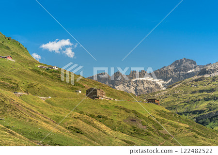 Mountain landscape at Klausen Pass in the Swiss Alps, Canton of Uri, Switzerland Mountain landscape at Klausen Pass in the Swiss Alps, Canton of Uri, Switzerland 122482522