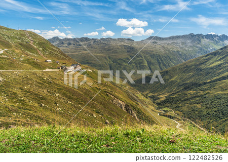 Alpine landscape on Furka Pass in the Swiss Alps, Canton of Uri, Switzerland Alpine landscape on Furka Pass in the Swiss Alps, Canton of Uri, Switzerland 122482526