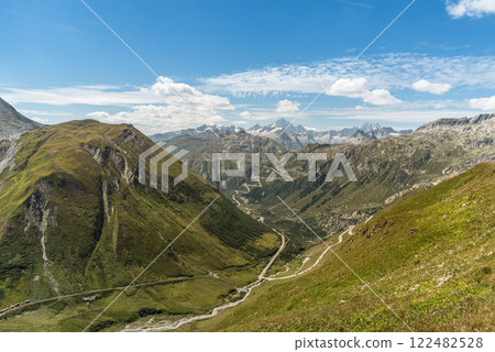 View from the Furka Pass into the Rhone Valley in the Swiss Alps, Canton of Valais, Switzerland 122482528