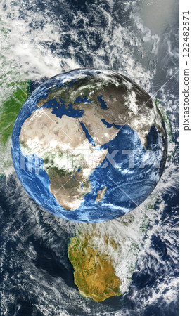 A satellite view of Earth featuring an overlaid image of the globe, highlighting Africa, Europe, and Asia. 122482571