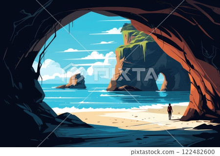 person at cave on tropical beach illustration 122482600