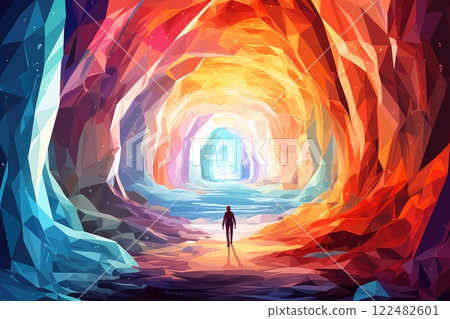lonely person in cave full of diamonds illustration 122482601
