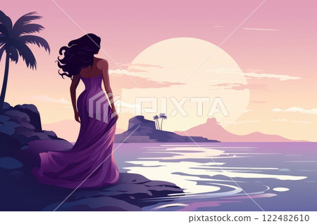woman in purple dress on tropical beach illustration 122482610