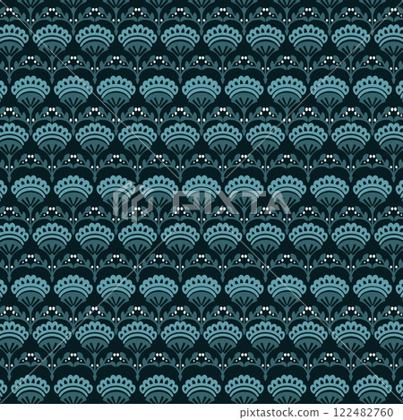 Arabian ethnic tribal fabric pattern features a stunning blue tone with beautifully alternating colors, ethnic a striking and modern artistic expression. The contrast ethnic a black background.  122482760