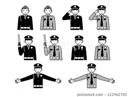 Male security guard pose set: salute, guide, no entry 122482785