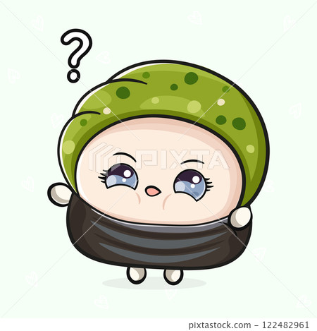 Sushi and question mark. Vector hand drawn cartoon kawaii character illustration icon. Isolated on light green background. Sushi character concept Sushi and question mark. Vector hand drawn cartoon kawaii character illustration icon. Isolated on light green background. Sushi character concept 122482961