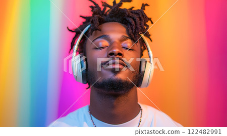 黑人男子在色彩繽紛的背景下，戴著耳機，表情輕鬆，聽音樂 122482991