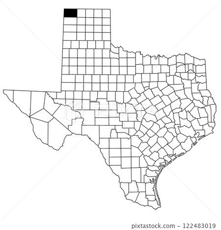 Map of dallam County in Texas state on white background. single County map highlighted by black colour on Texas map. UNITED STATES, US 122483019