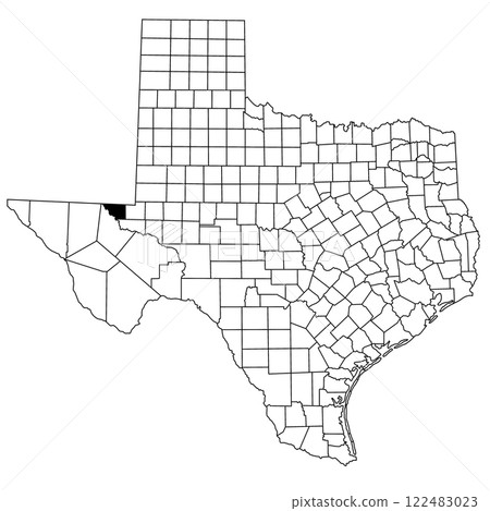 Map of loving County in Texas state on white background. single County map highlighted by black colour on Texas map. UNITED STATES, US 122483023