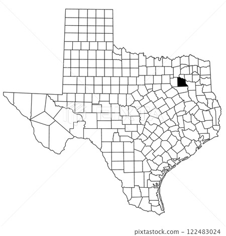 Map of Van zandt County in Texas state on white background. single County map highlighted by black colour on Texas map. UNITED STATES, US 122483024
