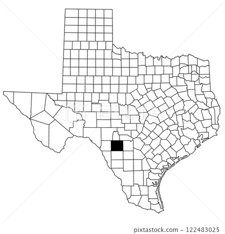 Map of uvalde County in Texas state on white background. single County map highlighted by black colour on Texas map. UNITED STATES, US 122483025