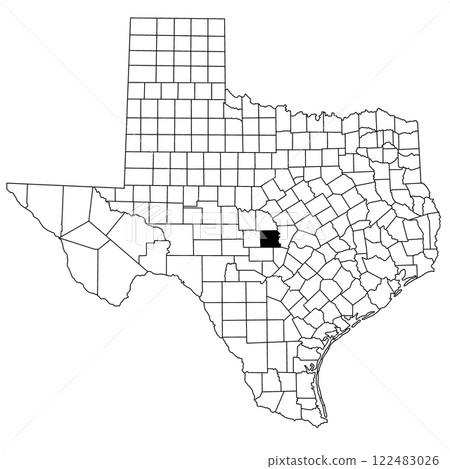 Map of llano County in Texas state on white background. single County map highlighted by black colour on Texas map. UNITED STATES, US 122483026