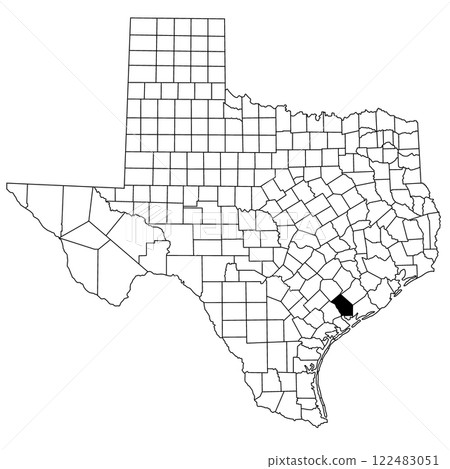 Map of Jackson County in Texas state on white background. single County map highlighted by black colour on Texas map. UNITED STATES, US 122483051