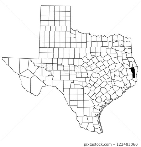 Map of Jasper County in Texas state on white background. single County map highlighted by black colour on Texas map. UNITED STATES, US Map of Jasper County in Texas state on white background. single County map highlighted by black colour on Texas map. UNITED STATES, US 122483060