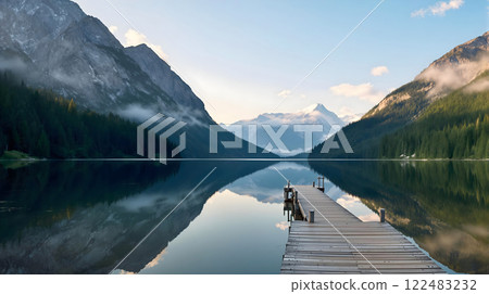 A beautiful serene lake view featuring a Wooden Pier 122483232