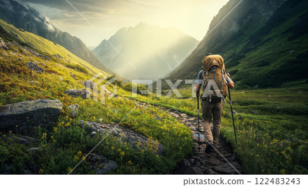 Adventurer Hiking Through a Scenic Green Valley at Sunrise. 122483243