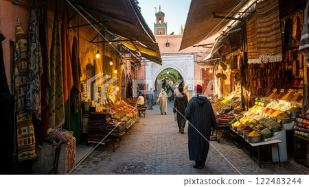 Bustling Bazaar in Morocco ,A Cultural Shopping Experience with Authentic Goods. 122483244