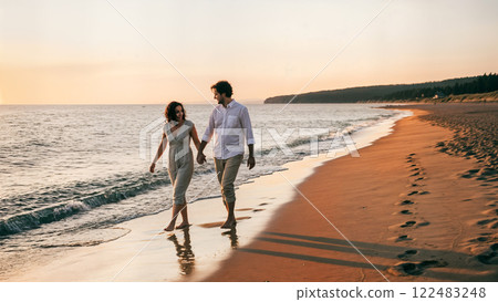 Romantic Couple Walking Hand in Hand on a Sunset Beach. 122483248