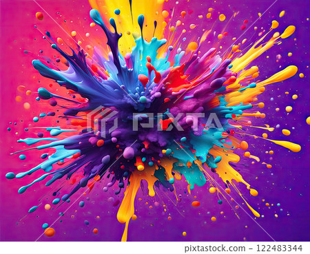 Colorful Paint Splash Explosion on Purple Background 122483344