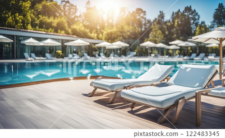 Beautiful modern outdoor swimming pool with clear clean blue water with white sun loungers on the sides 122483345