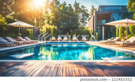 Beautiful modern outdoor swimming pool with clear clean blue water with white sun loungers on the sides 122483352