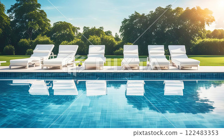 Beautiful modern outdoor swimming pool with clear clean blue water with white sun loungers on the sides Beautiful modern outdoor swimming pool with clear clean blue water with white sun loungers on the sides 122483353
