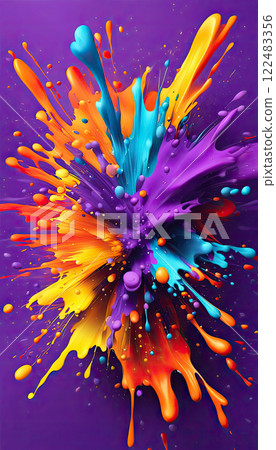 Colorful Paint Splash Explosion on Purple Background 122483356