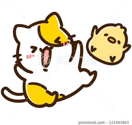 一隻可愛的貓和小雞角色的變形插圖，它們盡情地快樂著 122483663