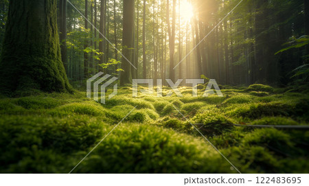 Tranquil and serene sunlit mossy forest with lush green trees. Vibrant ecosystem. And peaceful woodland scenery in the morning light Tranquil and serene sunlit mossy forest with lush green trees. Vibrant ecosystem. And peaceful woodland scenery in the morning light 122483695