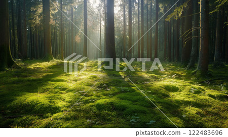 Tranquil and serene sunlit mossy forest with lush greenery. Filtered sunlight. Peaceful tranquility. Creating a beautiful and natural landscape in the eco-friendly woodland environment 122483696