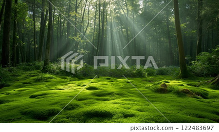 Majestic view of sunlight streaming through a serene, moss-covered forest, creating a tranquil scene 122483697