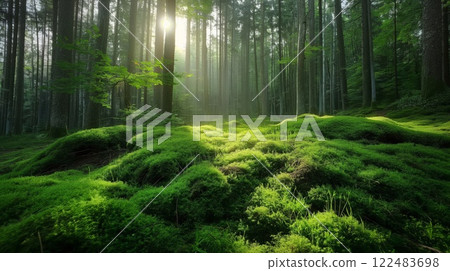Tranquil forest scene with sun rays piercing through trees onto a lush, moss-covered floor 122483698
