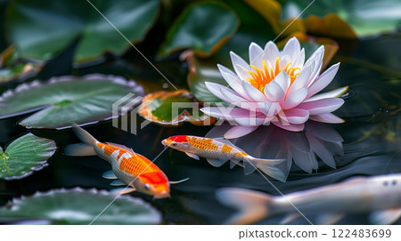 Tranquil scene of a serene pond featuring blooming water lilies and colorful koi fish gracefully swimming Tranquil scene of a serene pond featuring blooming water lilies and colorful koi fish gracefully swimming 122483699