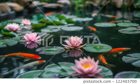 Serene pond scene with vibrant water lilies and colorful koi fish swimming among the foliage 122483700