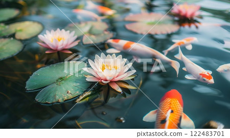Tranquil pond scene featuring water lilies and colorful koi fish swimming among the floating leaves 122483701
