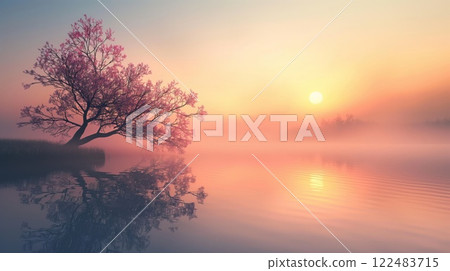 Tranquil scene of a tree against a soft sunrise and reflection over a calm, misty lake 122483715