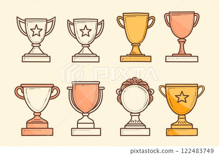 Collection of eight simple, stylized trophy icons in various designs, ideal for business award representations and achievements infographics 122483749