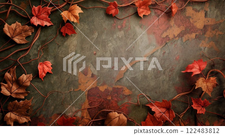 Artistic abstract image featuring intertwined vines and scattered red autumn leaves on a textured backdrop 122483812