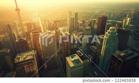 Stunning aerial view of the metropolis cityscape during the golden hour sunset. Showcasing the modern urban skyline with office buildings and skyscrapers basking in warm sunlight 122483838